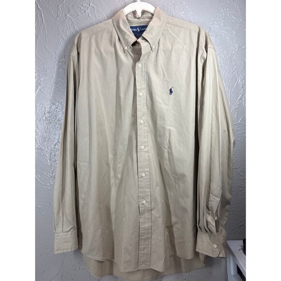 Polo Ralph Lauren Mens Tan Blake Shirt Long Sleeve 2 Ply Cotton Button Up Large - Picture 1 of 4